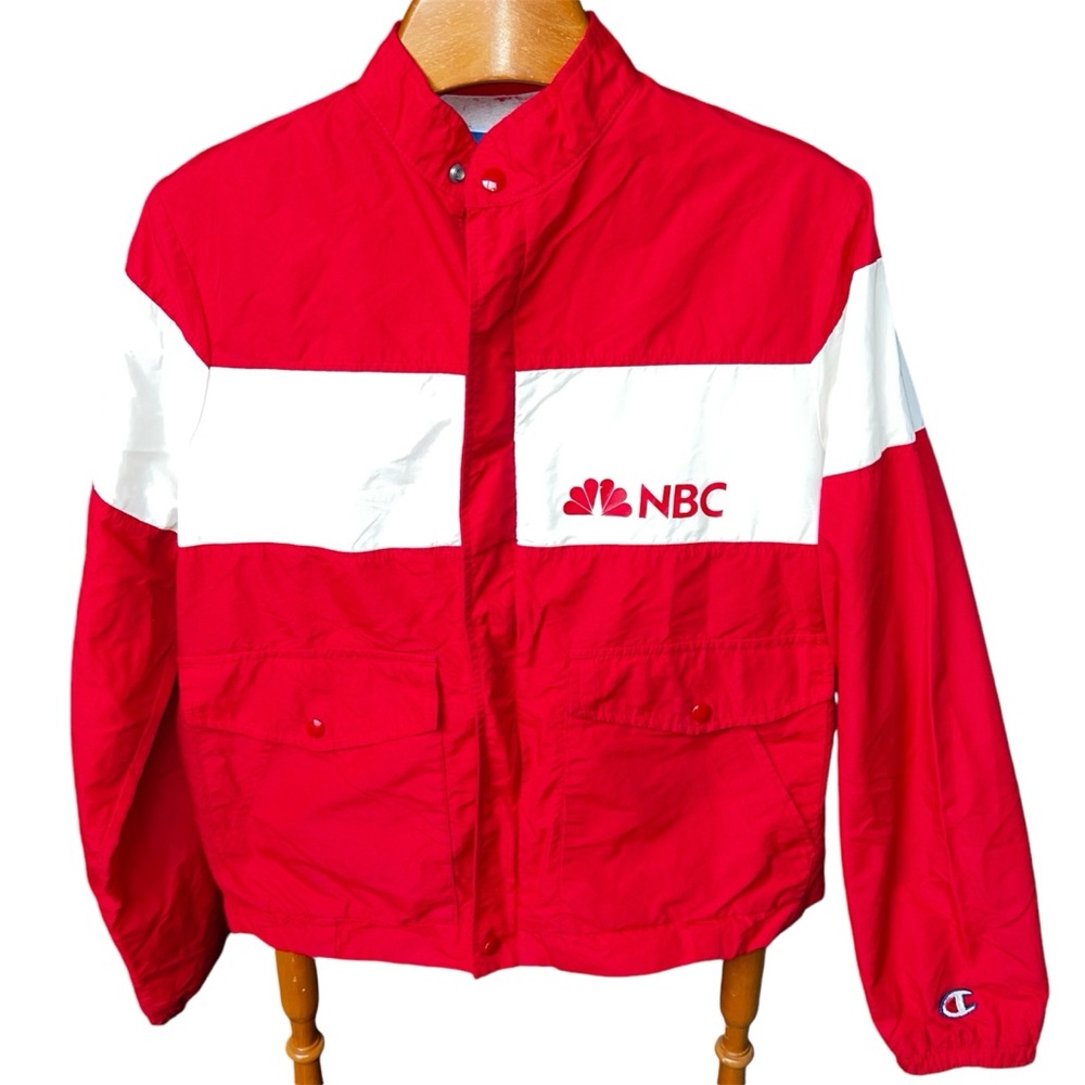 VINTAGE NBC NEWS Red&White Champion Nylon zip Jacket Mens Large